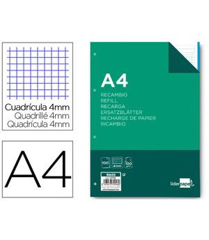 RECAMBIO CARTAPACIO 4MM 4 TALADROS 100H 100GR 47116 HOJAS LIDERPAPEL FOLIO
