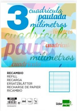 RECAMBIO CARTAPACIO A4 3MM CON PAUTA 4 TALADROS 100H 75GR 58599 LIDERPAPEL  RF23 MOTO