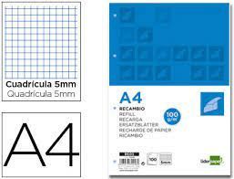 RECAMBIO CARTAPACIO A4 5MM 4 TALADROS 100H 100GR 72246 HOJAS LIDERPAPEL 5 COLORES